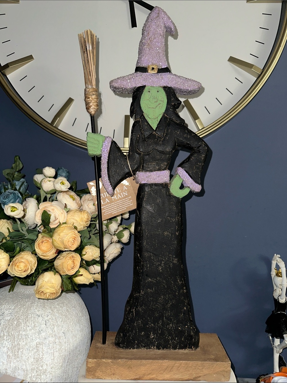 Hand carved wooden Witch Figurine with Lavender Hat and Black Gown 23”